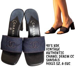 90'S Y2K VTG. AUTHENTIC‎ CHANEL DENIM CC LOGO SLIDES MULES SANDALS SZ. 6 EUC